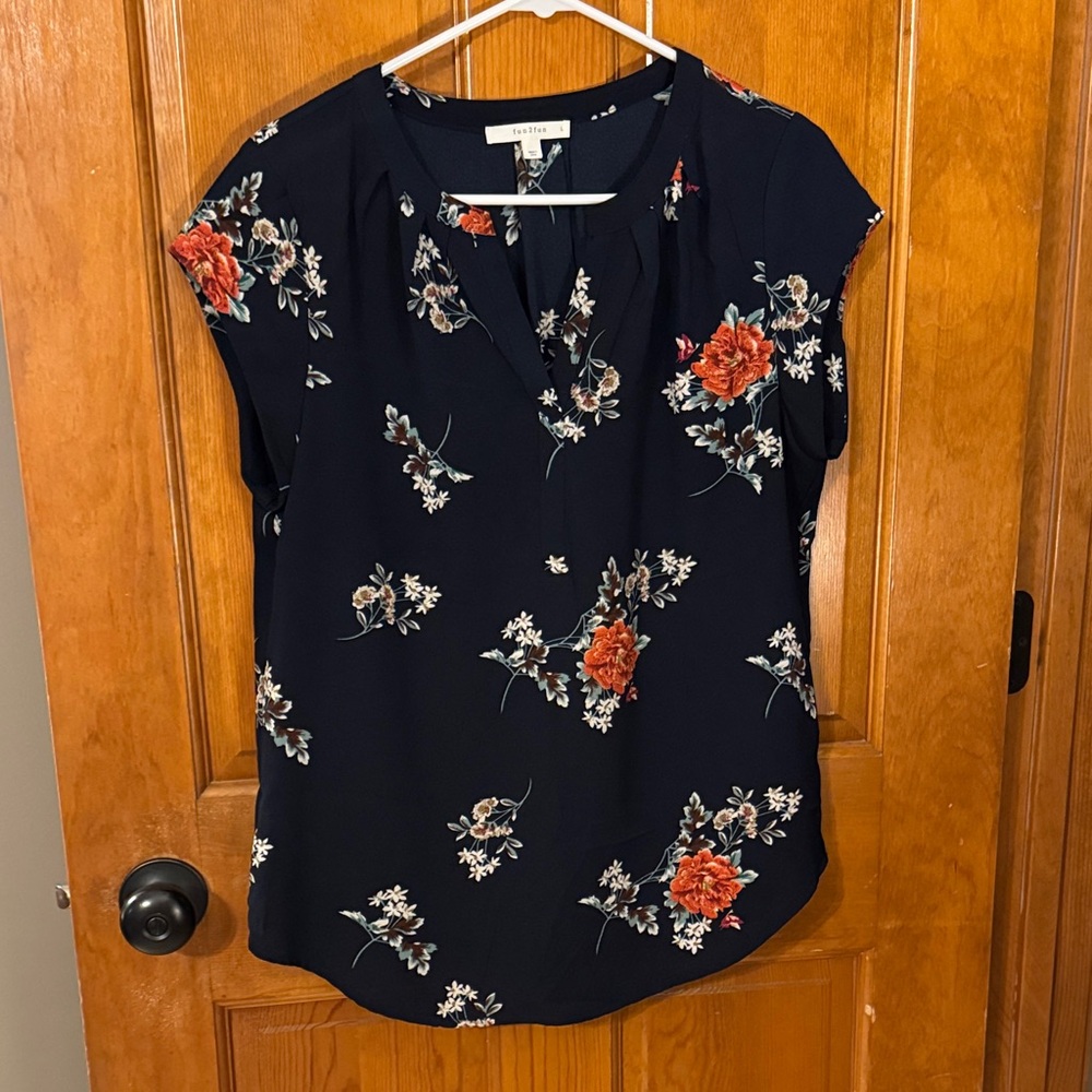 fun 2 fun Navy Blouse with Red Floral Print